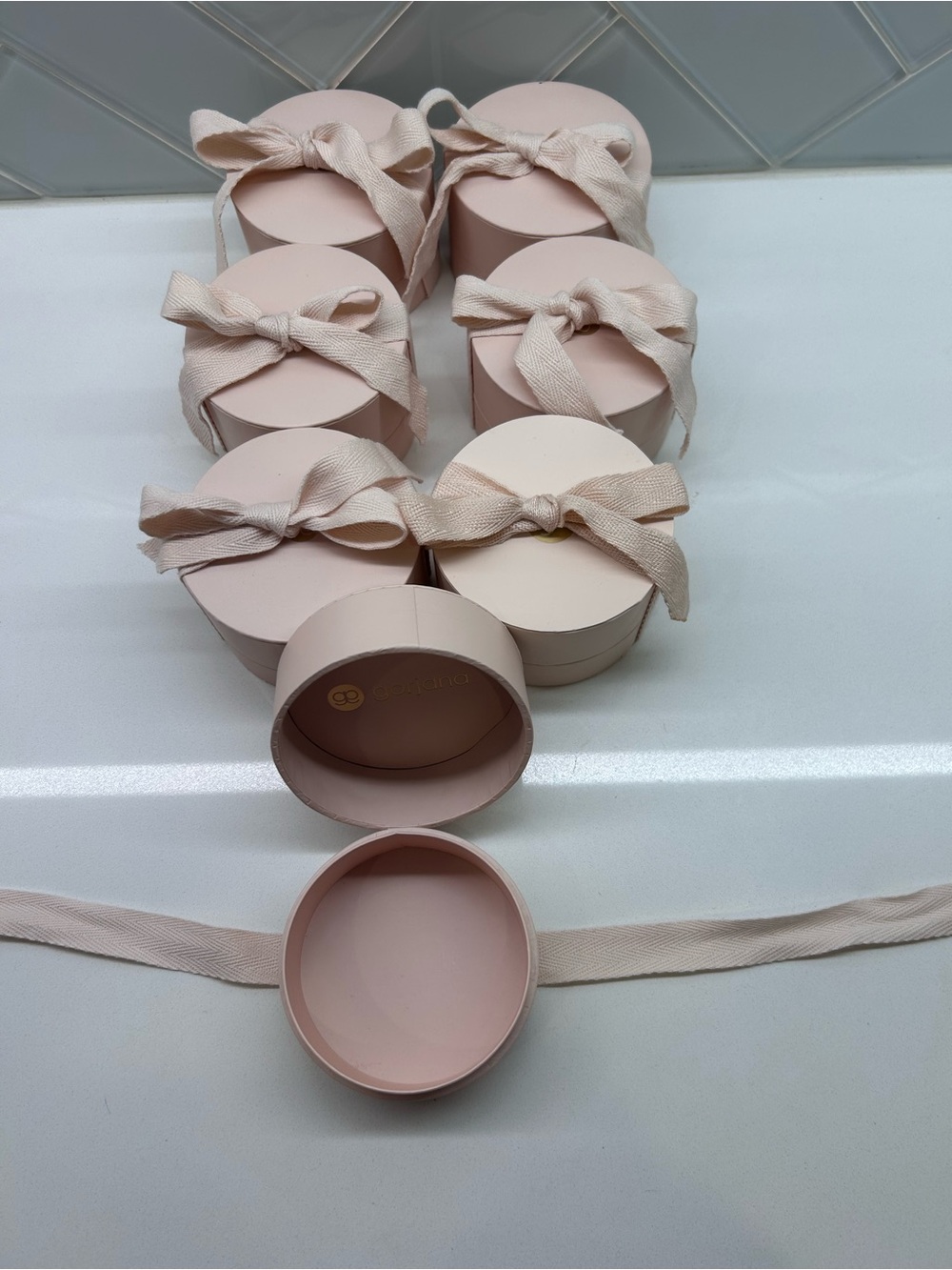 Round Gorjana Blush Pink Gift Boxes with Ribbon Lids - Set of 8